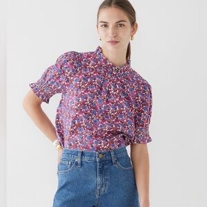 J. Crew Shirt Smock Linen Short Puff-Sleeve Top Pink Blue Floral Blouse Women L